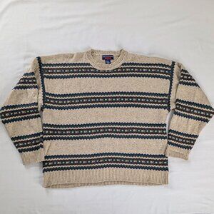 VTG Tan Maroon Green Chunky Knit Silk Wool Stripe Grandpa Sweater Fair Isle